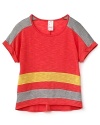 Bold colorblocking, dolman sleeves and a boxy silhouette give this adorable tee from Kiddo on-trend cred.