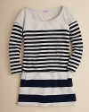 Mixed skinny and wide stripes embellish this three-quarter sleeve tunic finished with a sporty kangaroo pocket.