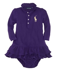 An adorable puff-sleeved polo dress is accented by our gold embroidered Big Pony.