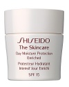 Shiseido The Skincare Day Moisture Protection Enriched SPF 15. A daytime moisturizer specially formulated to provide optimal hydration and balance in skin while protecting against UV rays and the damaging effects of other environmental factors. . Recommended for normal and combination skin. Smooth over face each morning after cleansing and balancing skin. Contains SPF 15.