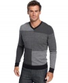 Square up your fall style with this handsome color-blocked, v-neck sweater from Alfani.