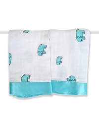 The baby will love the feel of this so-soft muslin blanket's sleek satin trim and will look simply adorable all tucked in with chubby blue elephants.