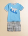 This adorable set includes a plush cotton knit with cute dog appliqué and a pair of preppy plaid, French terry shorts, creating the ultimate surf ensemble. Tee CrewneckShort sleevesSurf dog appliqué Shorts Elastic waistband with drawstringTwo front side pocketsCottonMachine washImportedAdditional InformationKid's Apparel Size Guide 