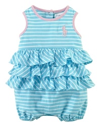 A comfortable striped cotton bubble is fashioned with a flurry of ruffles and signature Big Pony embroidery.