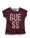 GUESS Kids Girls Jeweled Logo Raglan Tee, PLUM (6X)