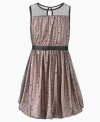 Darling sleeveless dress draped with a mesh of sequin accents is this sweet sophisticated dress by DKNY.