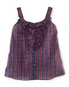 The classic plaid tank in crisp, lightweight cotton is accented with a girlie ruffle-trimmed placket, sure to put a little prep in her step.