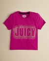 A cluster of rhinestones outline the name she loves, Juicy Couture, rendered front-and-center on this cute short sleeve tee.