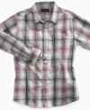 Crisp, streamlined cool. This Sean John plaid shirt features a hidden-button placket for a sleek style.