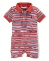 A short-sleeved shortall with bright variegated stripes is rendered in breathable cotton jersey.