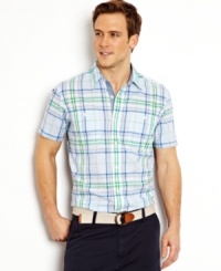 This plaid short-sleeved shirt from Nautica is a snappy addition to your classic summer style.