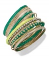 Wrist watching will be the order of the day when you're spotted in these bangles from Bar III. Crafted from gold-tone mixed metal, with shades of green and crystal glass stones providing a vibrant touch. Approximate length: 7-1/2 inches.