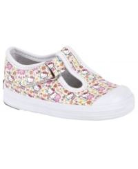 School her in the classics. She'll have timeless style with these darling t-strap Hello Kitty® Keds® shoes.