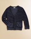 A handsome, striped cardigan with patch pockets in a v-neck silhouette for sophisticated style.V-neckLong sleevesButton-frontPatch pocketsRibbed cuffs and hem75% cotton/25% polyesterMachine washImported Please note: Number of buttons may vary depending on size ordered. 