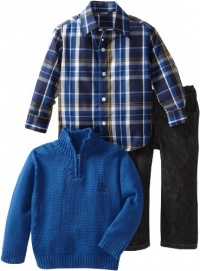 Izod Kids Boys 2-7 Zip Solid Sweater Plaid Shirt and Jean 3 Piece Set, Medium Blue, 5 Regular