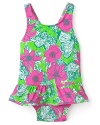 A sweet ruffle bottom adorns this one-piece swimsuit, printed with a classic Lilly Pulitzer floral motif.