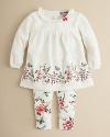 Hummingbirds and butterflies flit among the flowers on this super-soft embroidered velour tunic and pant set.