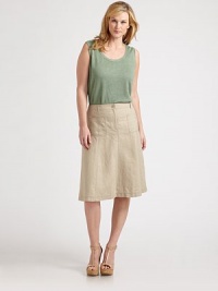 Slip into this lightweight skirt with its curve-flattering silhouette and classic trouser details like belt loops and back welt pockets. Button closureZip flyBelt loopsFront patch pocketsBack welt pocketsFully linedAbout 26 longLinenMachine washImported