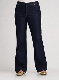 Straight-legged and topstitched, in crisp stretch cotton denim.THE FITCurved waistband Medium rise Inseam, about 33½THE DETAILSMetal button and zip closure Square rivet detail Belt loops Two front pockets with single coin pocket Plain back patch pockets Unlined Belgium cotton/elastene; machine wash Imported