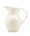 With fanciful beading and an antiqued edge, this pitcher from the Lenox French Perle white dinnerware collection has an irresistibly old-fashioned sensibility. Hard-wearing stoneware is dishwasher safe and, in a soft white hue, a graceful addition to every meal.