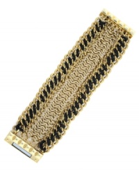 Make a stylish statement. This multi-link bracelet from Vince Camuto is crafted from gold tone mixed metal intertwined with black cotton cord fabric. Approximate length: 8 inches.