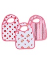 Pretty posies, fluttering butterflies and bright stripes adorn these bibs that have three snaps at the shoulder to make them easy to take on and off.