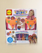 A complete pedicure and slipper decorating kit is the perfect addition to a slumber party. For her pedicure: 3 bottles of kid-friendly nail polish (.23fl oz), 2 toe separators, over 100 nail stickers and a nail file. Decorate a pair of slippers with precut felt shapes that slip on over buttons. Small slipper fits most kids ages 6-8; large fits most kids ages 8-10 Suitable for ages 6 and up Overall, 7½W X 12H X 2½D Imported