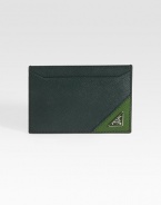 Handsome saffiano leather with metal triangle logo accent. Three card slots Nylon lining 4W X 2¾H Made in Italy 