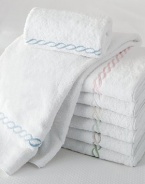 Plush, soft, luxurious Egyptian cotton, with a graceful embroidered chain border.13L X 13W Cotton Machine wash Made in USA