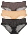 This stretchy hipster from Calvin Klein features a printed mesh front and scalloped lace trim. Style #D3454.