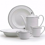 A beautiful collection for formal dining in white fine bone china with delicate platinum-hued rim accents.