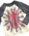 Graphic and fun. He'll wear this Flapdoodles raglan tee all year round, season after season.