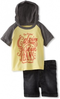 Calvin Klein Baby-Boys Infant Hooded Tee with Shorts, Gray/Yellow, 12 Months