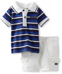 Calvin Klein Baby-Boys Newborn Stripes Polo With Cargo Short, Blue, 0-3 Months