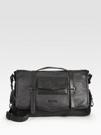 A smart option for any man on the move, styled with flap pockets on the outside and a padded laptop compartment on the inside. Top flap with buckle closures Top handles Adjustable, detachable shoulder strap Exterior flap pockets Interior zip, slip pockets Padded laptop compartment 16½W X 11H X 5D Imported 