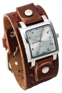 Nemesis #BB516S Men's Brown Wide Leather Cuff Band Analog Silver Dial Watch