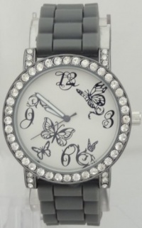 Mark Naimer Butterfly Gray Watch Rhinestone on Bezel Gray Case N Silicon Rubber Band