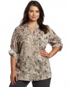 Calvin Klein Women's Plus-Size Printed Crew Roll Sleeve, Birch Combo, 1X