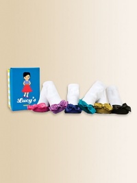 Six pairs of jewel toned, ballet flat-printed socks, adorned with satin bows and packaged in an adorable keepsake box.80% cotton/17% acrylic/3% spandexMachine washMade in USA