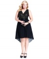 SL Fashions' plus size dress is on-trend with a shimmering metallic lace bodice and a pleated high-low skirt.