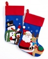 Dress up the mantel or staircase with cute Santa and snowman stockings. Plush red and blue fleece with embroidered snowflakes and festive holiday appliques creates a warm and inviting place to celebrate.