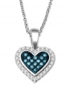 An unexpected splash of color adorns this romantic design. Crafted in sterling silver, pendant features blue diamond accents in a heart shape with single-cut white diamonds lining the edges (1/10 ct. t.w.). Approximate length: 18 inches. Approximate drop length: 5/8 inch. Approximate drop width: 3/8 inch.