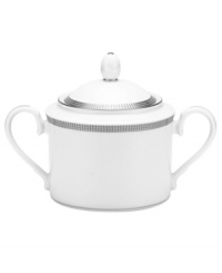 Go platinum. Solid bands and sparkling squares in white porcelain give the double-handled Pembroke Platinum sugar bowl a look that's festive yet refined. A brilliant addition to a contemporary dinnerware collection by Noritake.