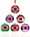 Reflect on Christmases past with vintage-style Shiny-Brite ornaments from Christopher Radko. Flowers bloom among stripes of red, purple and teal for a lively and bright Christmas tree.