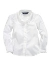 A traditional button-down shirt is accented with pretty lace trim and an embroidered collar.