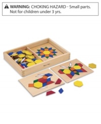 Matching and mosaic fun! 120 brightly colored, wooden geometric shapes to match ten designs on five reversible boards OR design your own! Children will enjoy developing matching and fine motor skills.