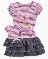 Pick out this striped floral jersey dress with attached denim skirt from Sweet Heart Rose and she can dress her dollie just as cute. (Clearance)