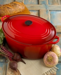 An enormous French Oven for big meals with even bigger flavor, this pot is ideal for cooking anything from stew to stuffed turkey. The porcelain-enameled cast-iron construction spreads heat evenly and retains heat longer for perfectly prepared meals that can go straight from stovetop to table. Limited lifetime warranty.