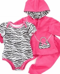 She'll get glam in this cute zebra print terry hoodie, bodysuit and pants set by First Impressions.