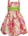 Size-6, Pink, BNJ-8398R, Watercolor Floral Print Rosette Waist Shatung Bubble Dress,Bonnie Jean Little Girls Party Dress